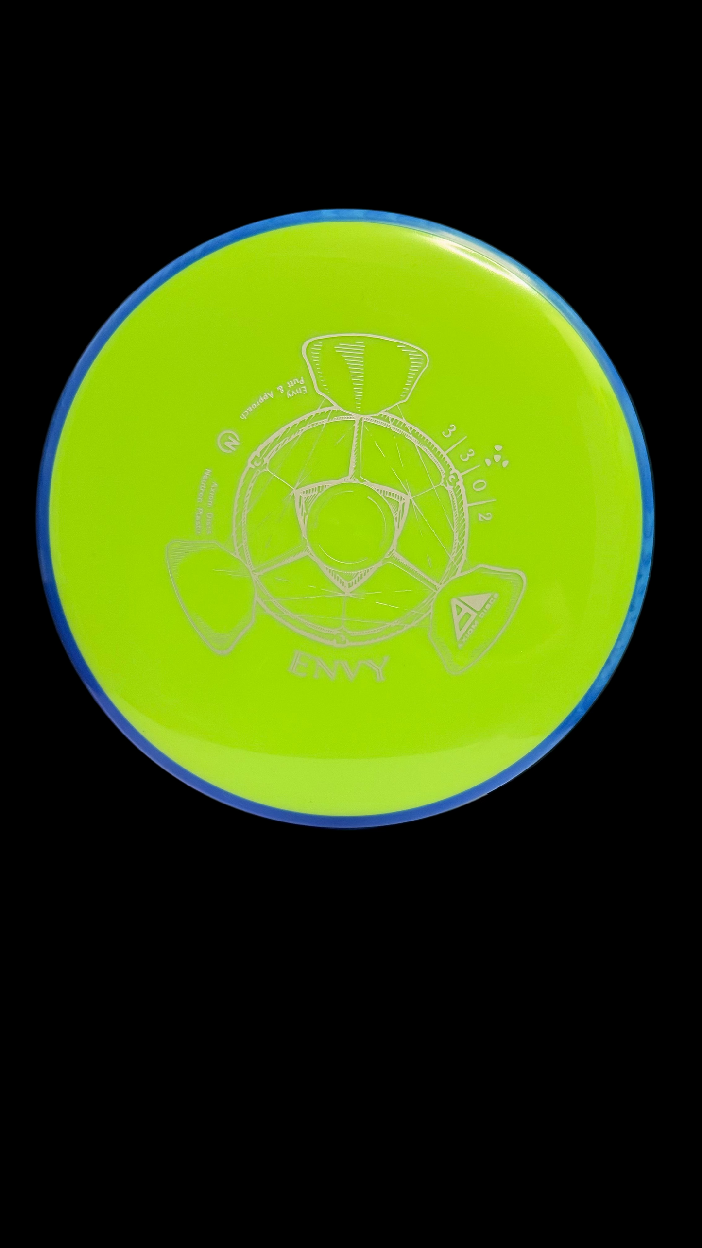 Axiom Neutron Envy putt and approach disc in bright neon green with a blue rim, displayed upright to show the 3 | 3 | 0 | 2 flight numbers and the detailed Envy stamp design.
