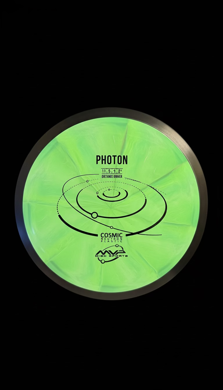 MVP Cosmic Neutron Photon distance driver in bright lime-green swirled plastic with black orbital stamp and 11|5|-1|2.5 flight numbers.