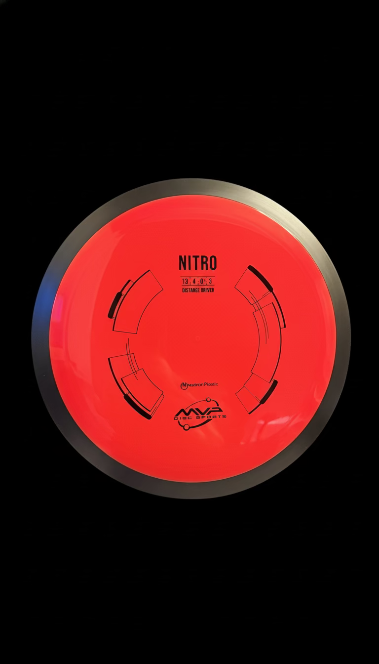 Red MVP Neutron Nitro distance driver with black overmold and Nitro stamp.
