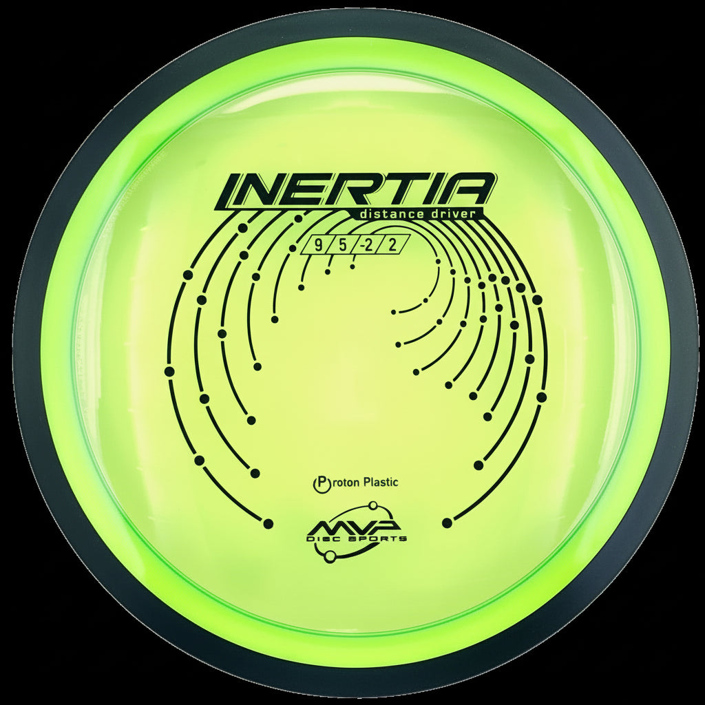 Neon yellow-green MVP Proton Inertia distance driver with a black rim and black graphic stamp.