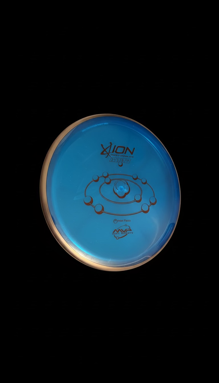 Blue MVP Proton Ion putt and approach disc with a black rim and black orbital-style graphic stamp.