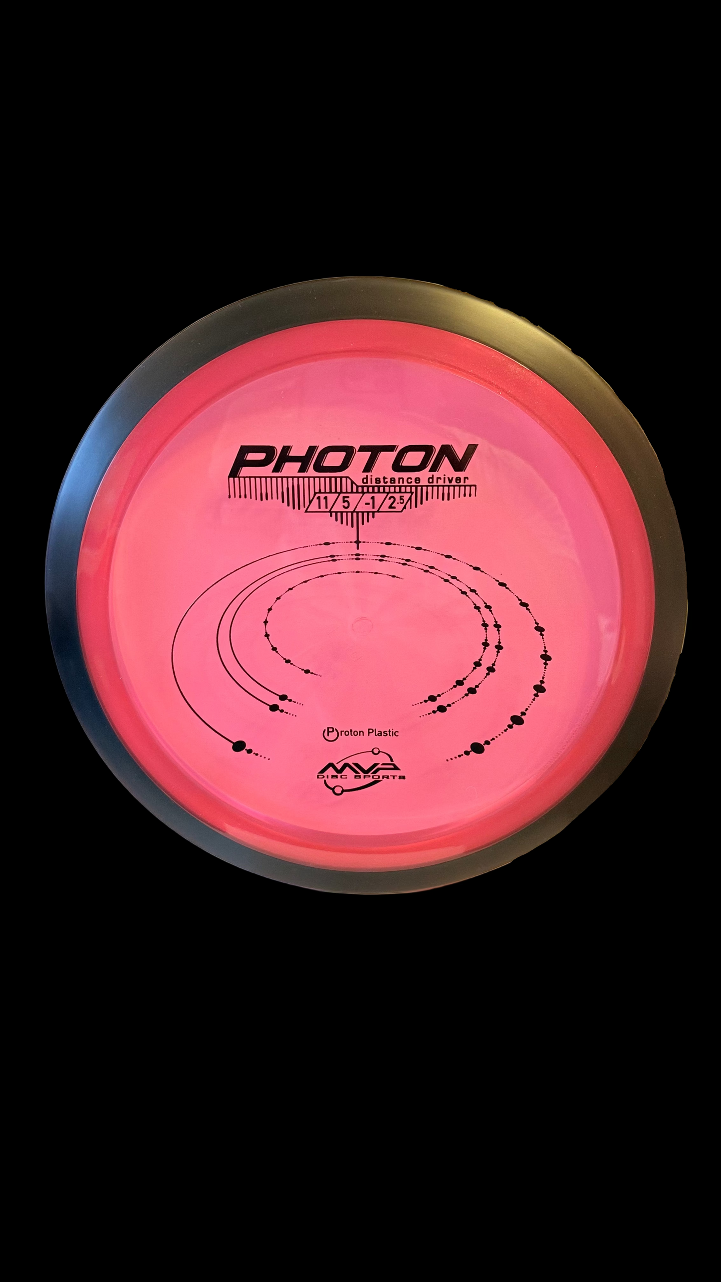 Pink MVP Proton Photon distance driver with a black rim and black graphic stamp.