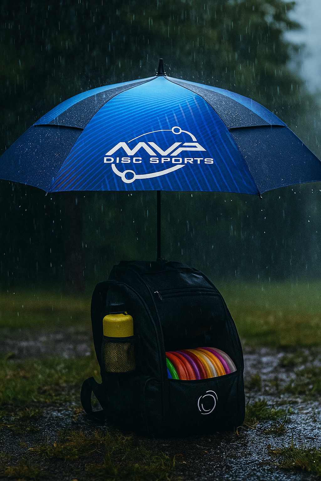 MVP Disc Sports umbrella protecting disc golf bag in rainy outdoor setting