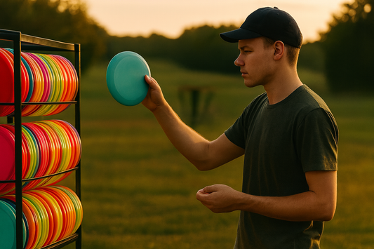 Young man selecting a disc golf disc from a rack of colorful discs at sunset on a field