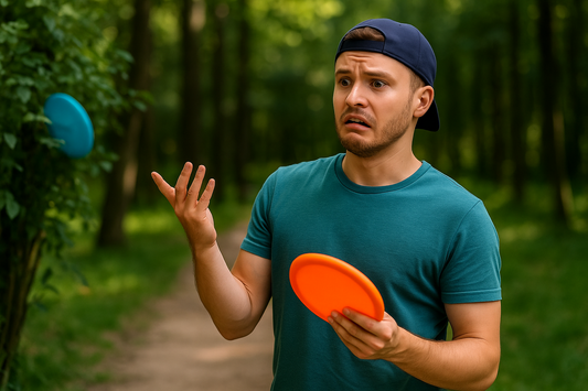 Confused young man throwing a disc golf disc into the woods during a practice game.