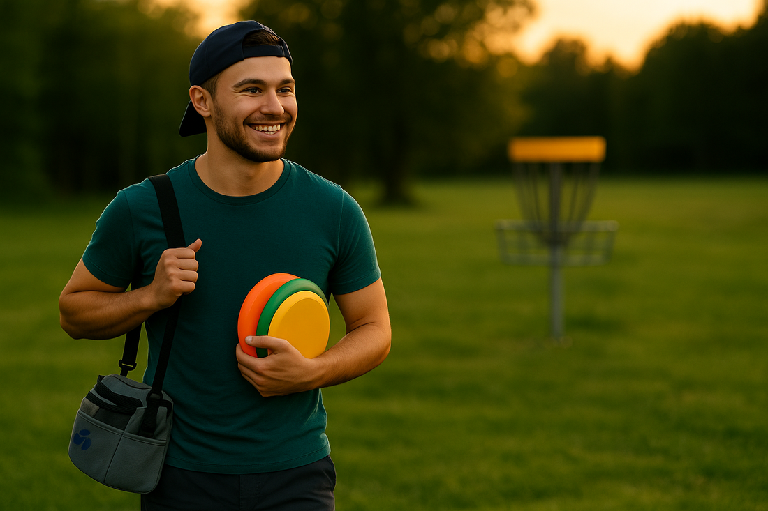 Smiling young man holding disc golf discs at sunset, standing near a basket on a disc golf field.