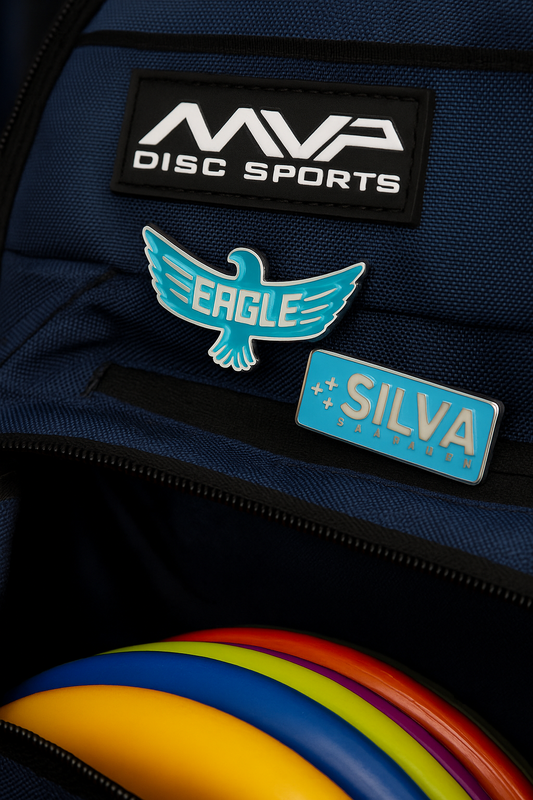 Disc golf enamel pins collection – MVP, Axiom, Simon Line, Eagle, and Saarinen designs by Easy Hyzer