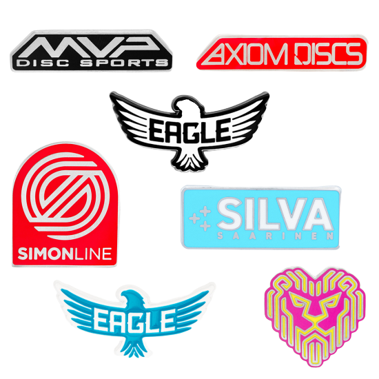 Disc golf enamel pins collection – MVP, Axiom, Simon Line, Eagle, and Saarinen designs by Easy Hyzer
