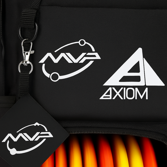MVP and Axiom white vinyl decals on black background – durable disc golf stickers
