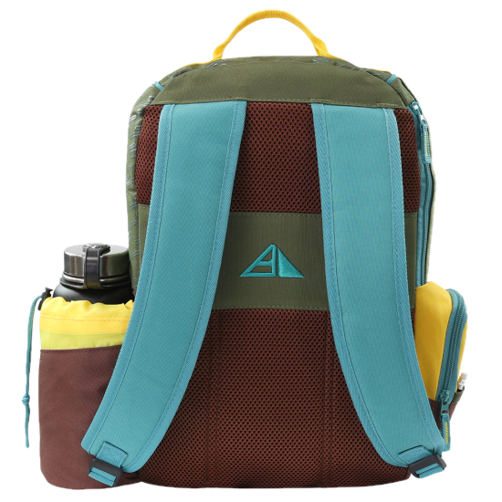 Axiom Shuttle disc golf bag in olive and tropical golden yellow — back view
