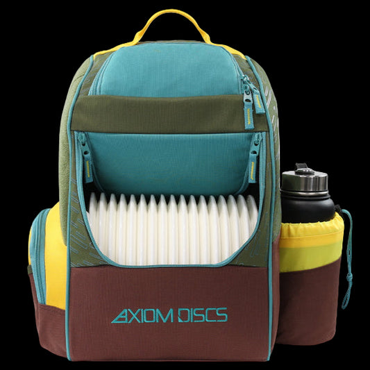 Axiom Shuttle Bag in Olive, Tropic Blue, and Golden Yellow — durable 900D polyester disc golf backpack.