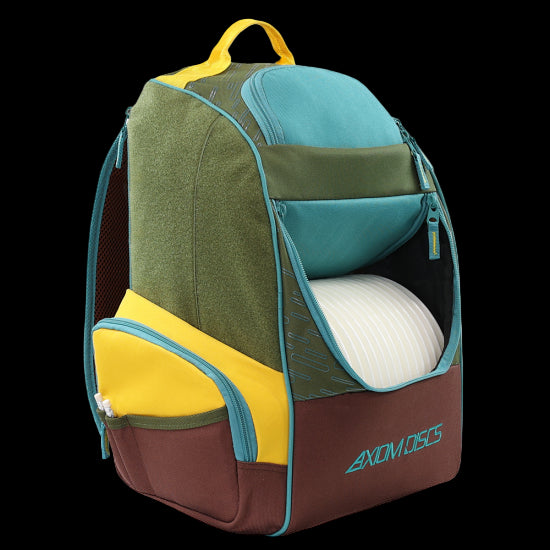 Axiom Shuttle Bag in Olive, Tropic Blue, and Golden Yellow — durable 900D polyester disc golf backpack.