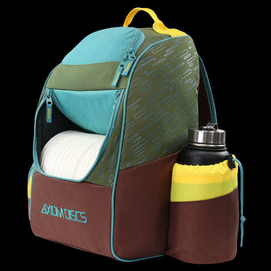 Axiom Shuttle Bag in Olive, Tropic Blue, and Golden Yellow — durable 900D polyester disc golf backpack.