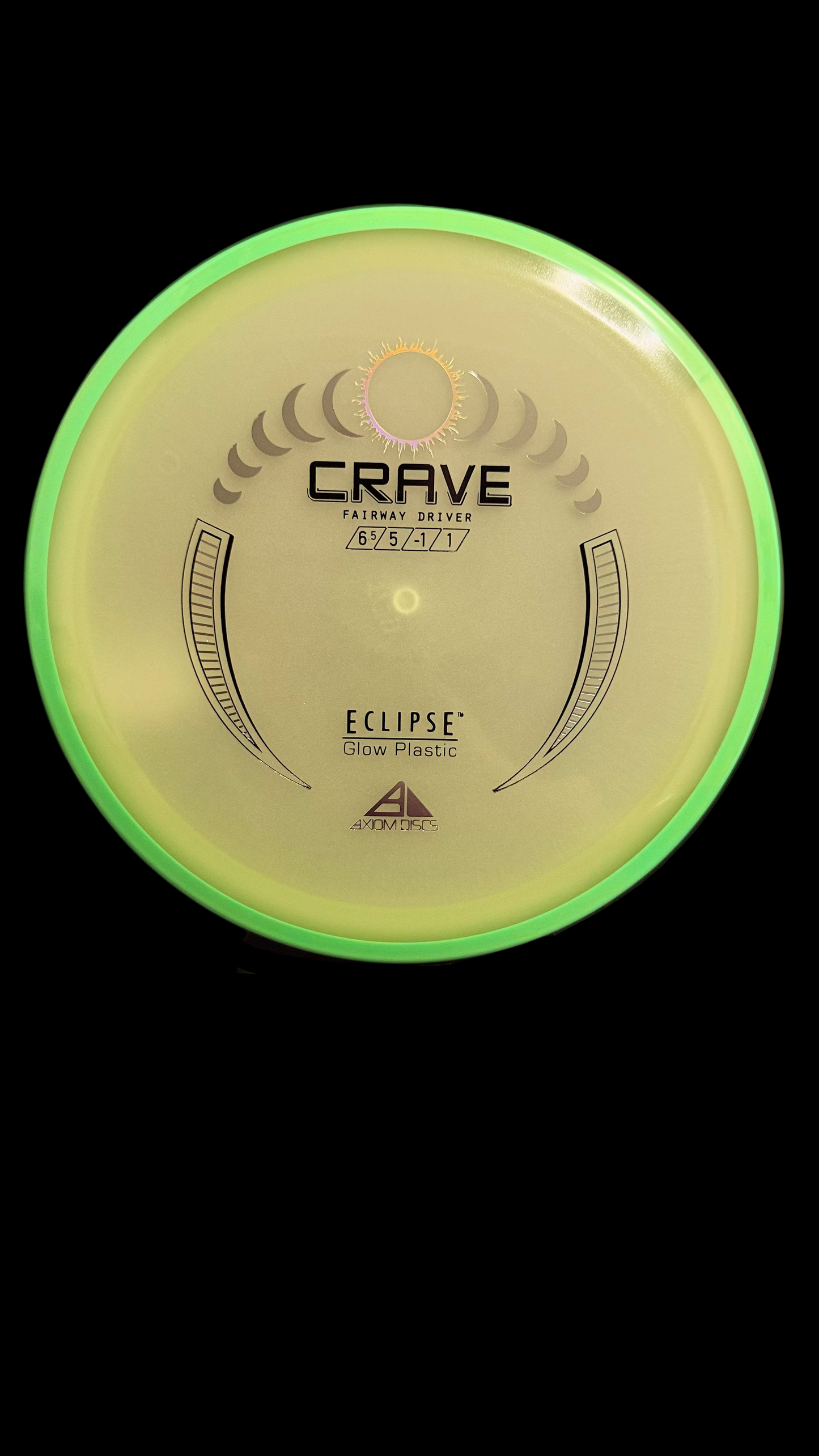 Axiom Eclipse Glow Crave fairway driver with glowing yellow center and green rim — disc golf driver with flight numbers 6.5 | 5 | -1 | 1.