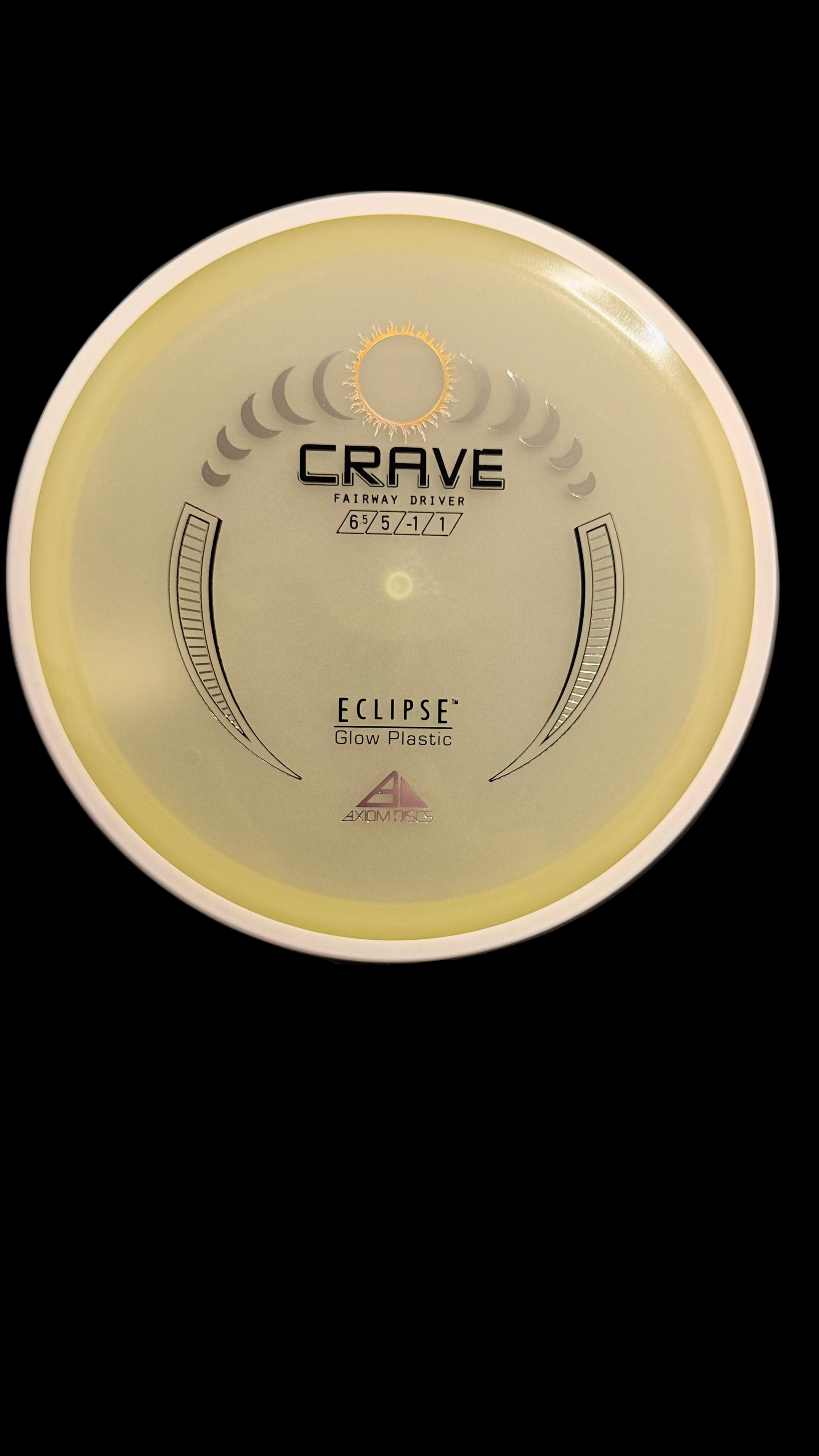Axiom Eclipse Glow Crave fairway driver with white rim and pale glowing center — disc golf driver featuring flight numbers 6.5 | 5 | -1 | 1.