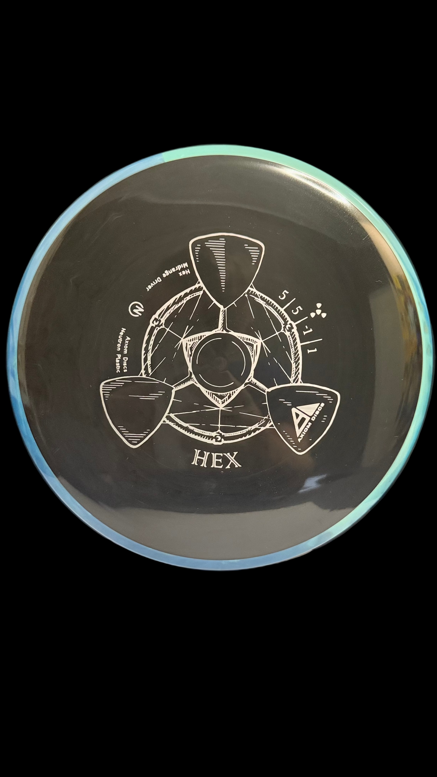 Axiom Neutron Hex midrange disc in black with blue rim and white stamp, featuring 5|5|-1|1 flight numbers