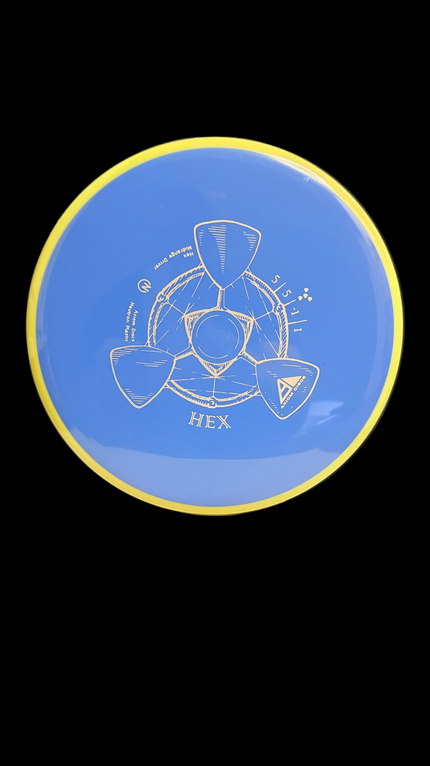 Axiom Neutron Hex midrange disc in light-blue  with yellow rim and 5|5|-1|1 flight numbers