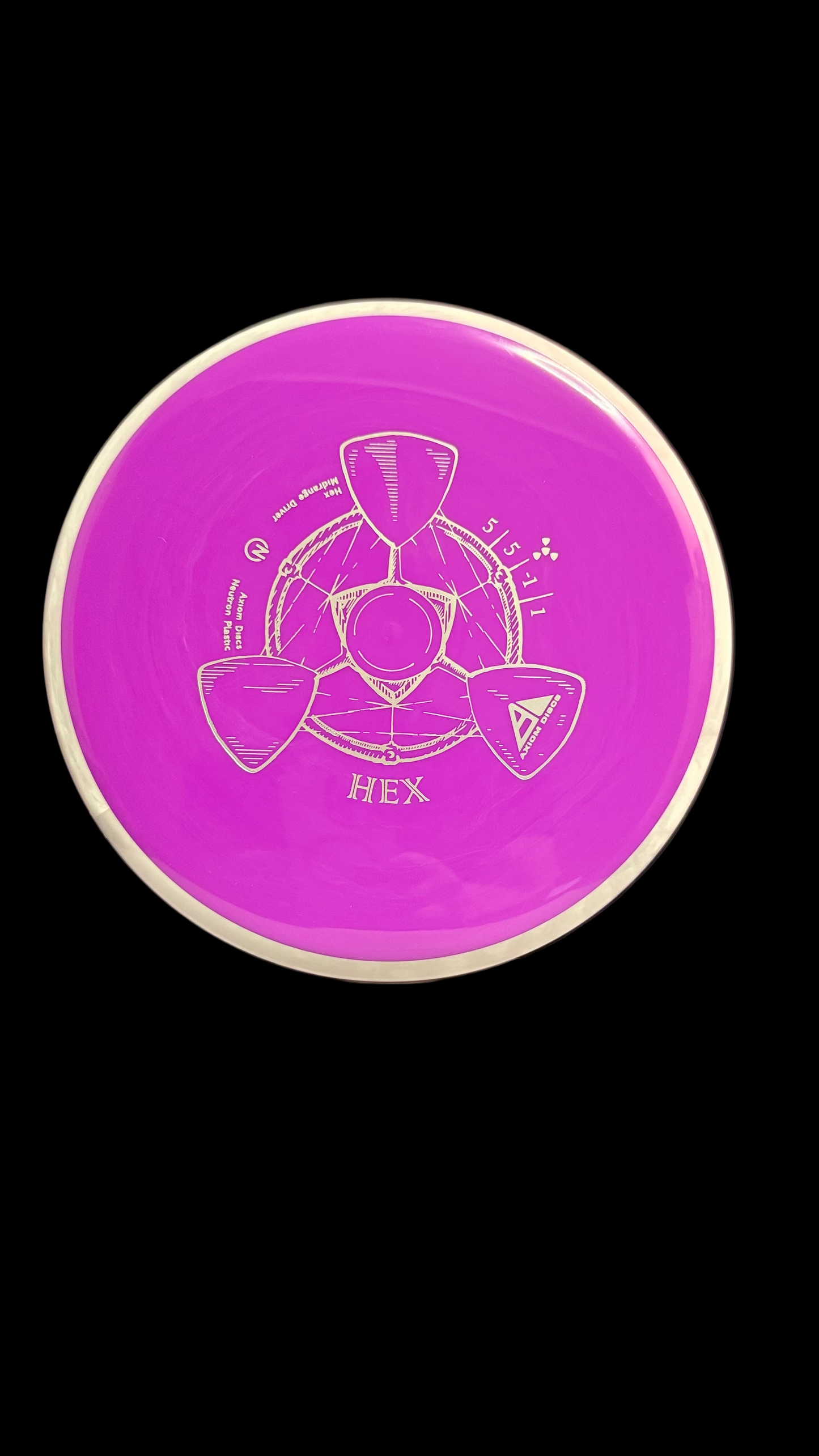 Axiom Neutron Hex midrange disc in vibrant purple with white rim and 5 | 5 | -1 | 1 flight numbers