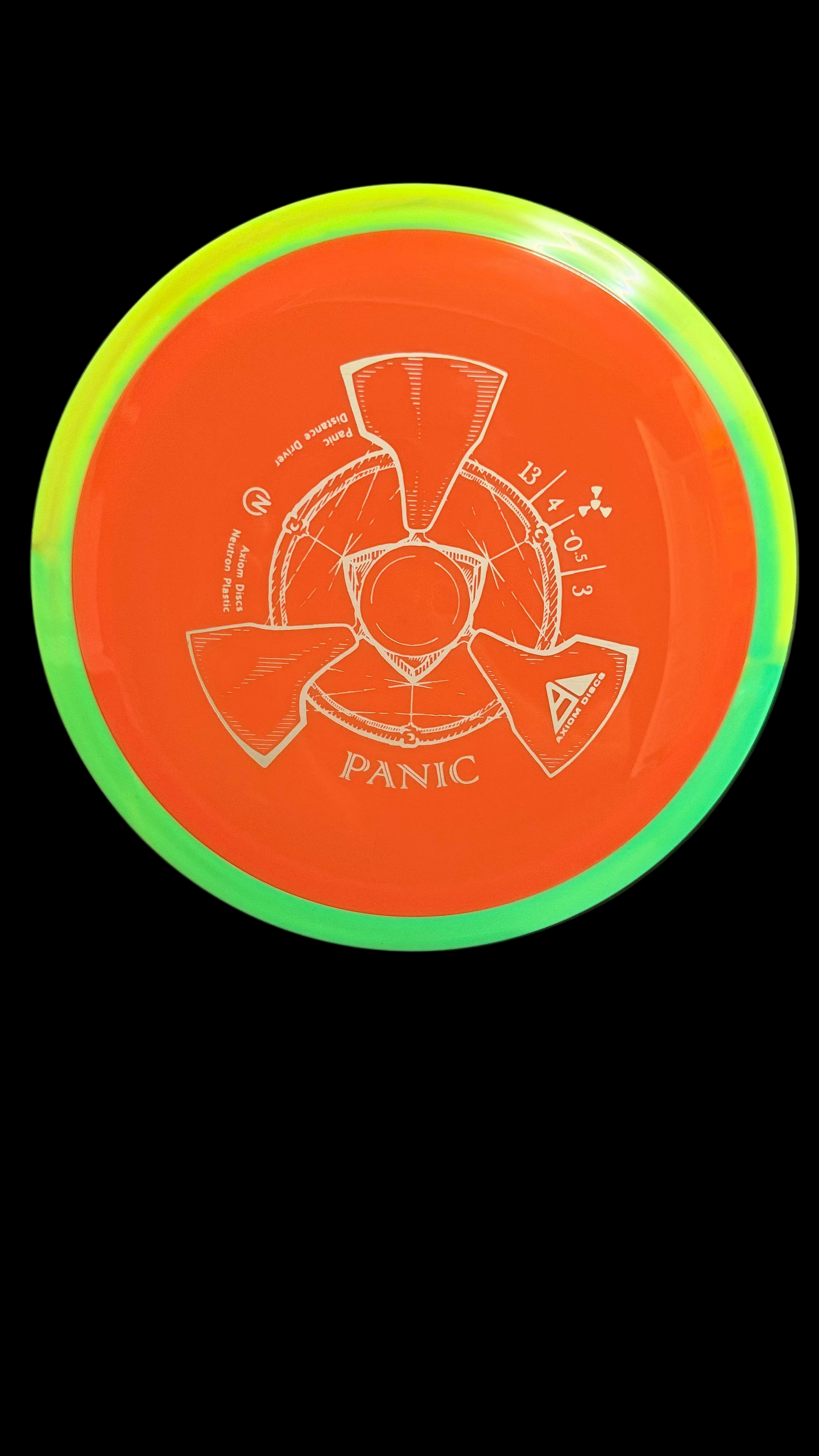 Axiom Neutron Panic distance driver in bright orange with a neon green rim, featuring the signature three-blade turbine stamp and flight numbers 13 | 4 | 0 | 3 displayed on the front.