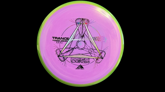 Axiom Prism Neutron Trance fairway driver disc in purple with a green rim, featuring the geometric Prism Neutron artwork.