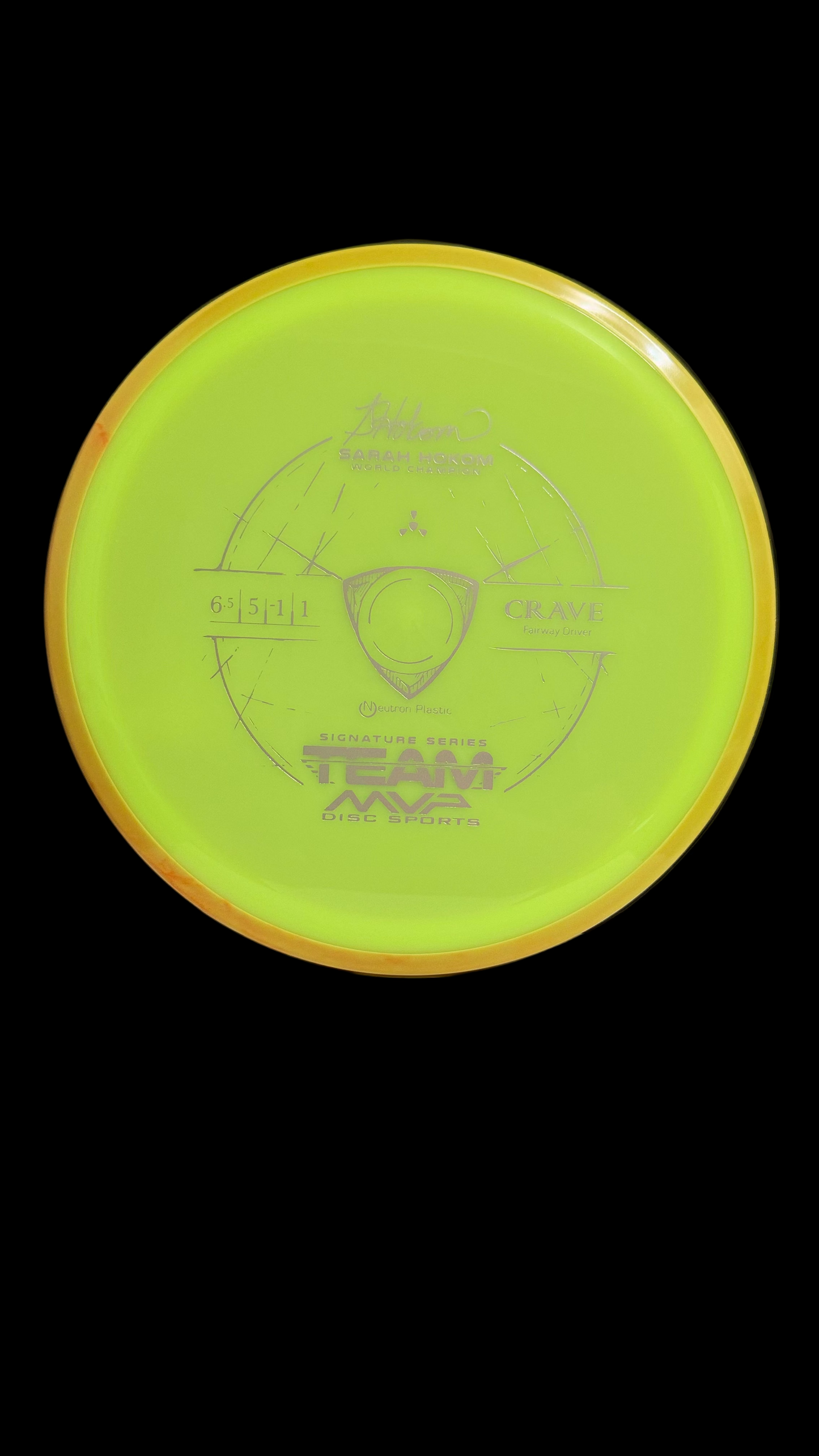 Axiom Proton Crave Sarah Hokom Signature Series disc golf fairway driver, neon yellow core with orange rim, flight numbers 6 5 -1 1