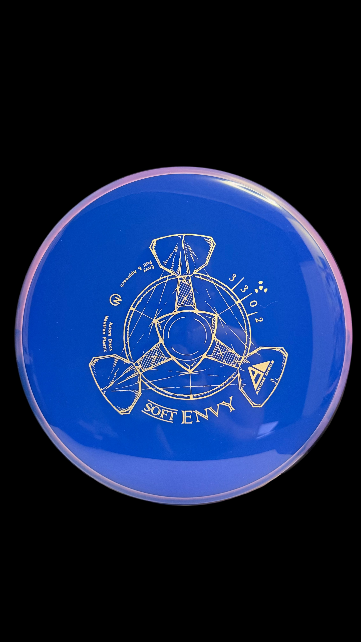  Blue Axiom Soft Envy disc golf putter with a purple rim and white line-art stamp displayed on a white surface.