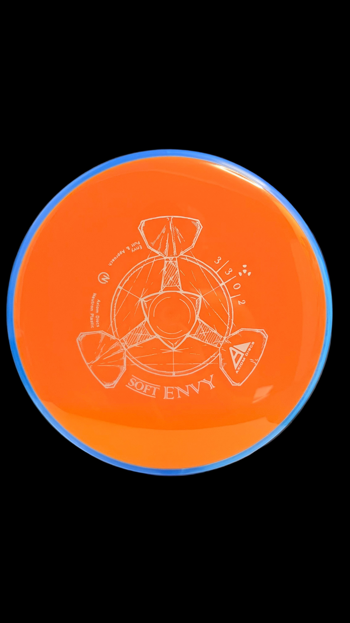 Orange Axiom Soft Envy disc golf putter with a blue rim and white line-art stamp displayed on a white surface.
