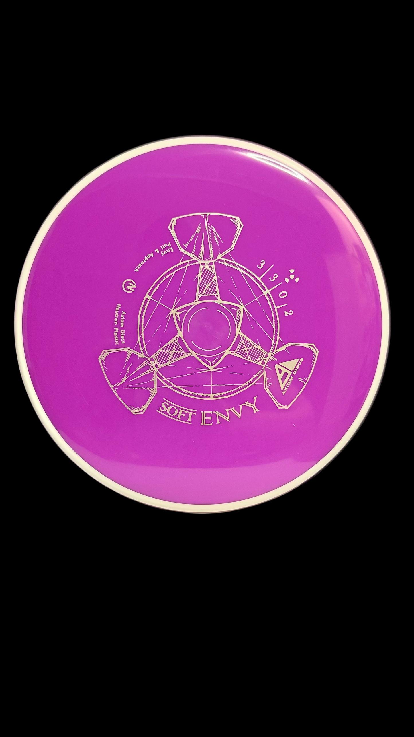 Purple Axiom Soft Envy disc golf putter with a white rim and white line-art stamp displayed on a white surface.