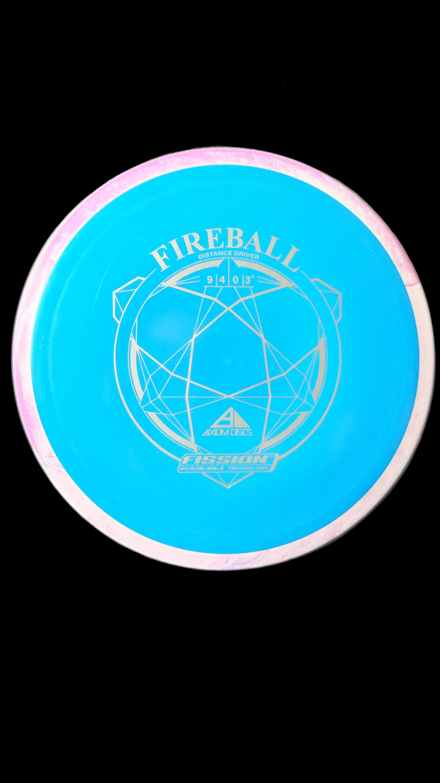 Axiom Fission Fireball disc with a bright blue flight plate and light pink rim on a black background.