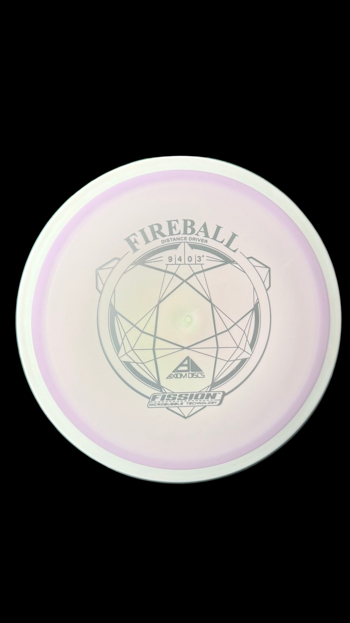 Axiom Fission Fireball disc on a black background, showing the pastel rim and geometric stamp design