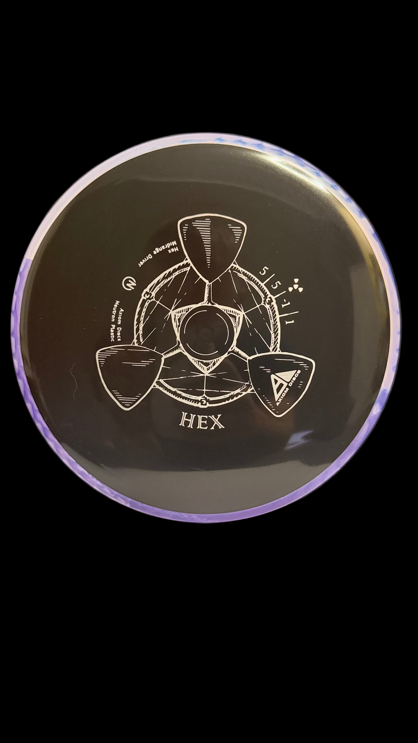 Axiom Neutron Hex midrange disc in black purple rim and 5|5|-1|1 flight numbers