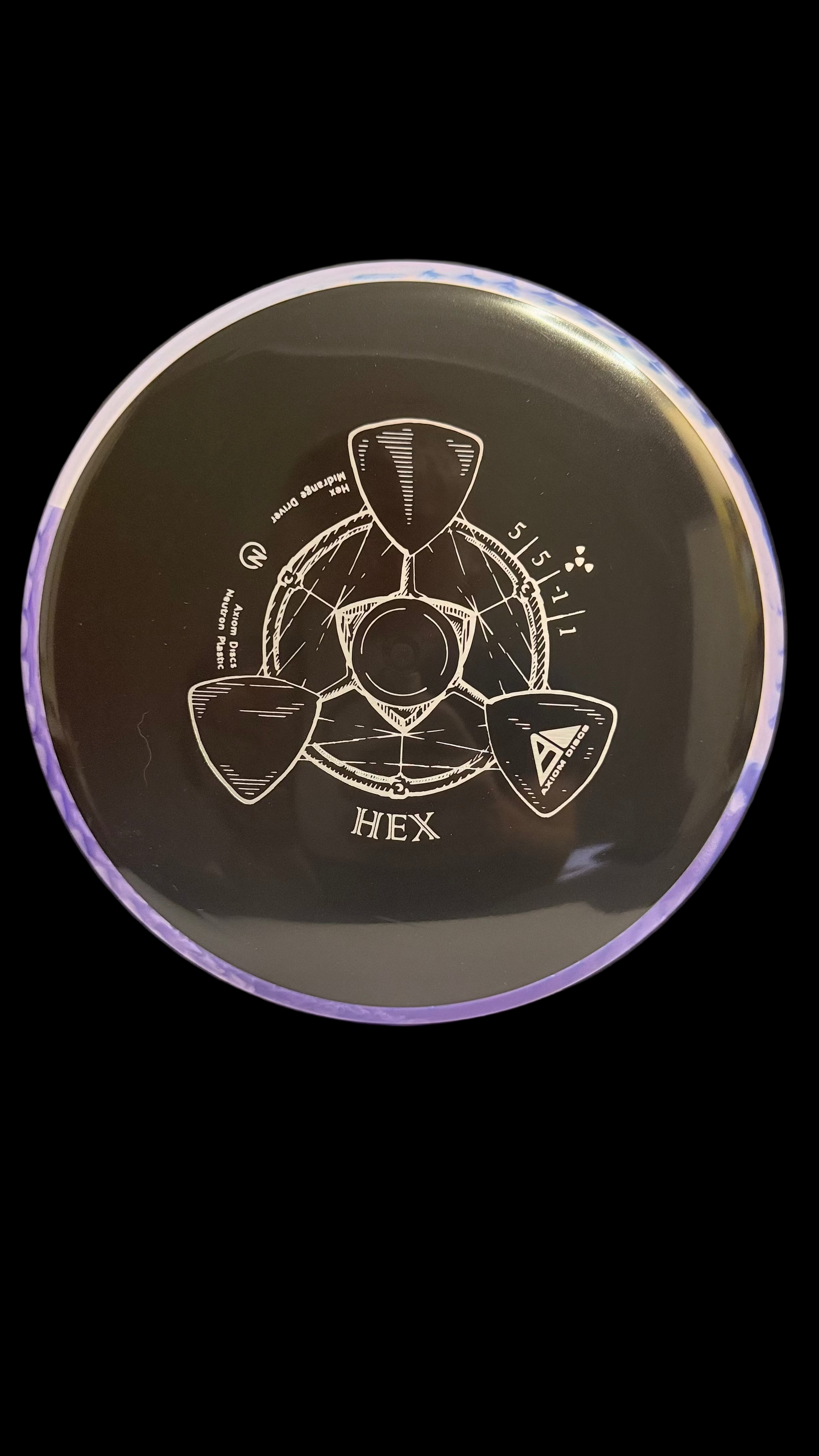 Axiom Neutron Hex midrange disc in black purple rim and 5|5|-1|1 flight numbers