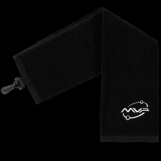 MVP Tri-Fold Towel black microfiber with clip — disc golf accessory