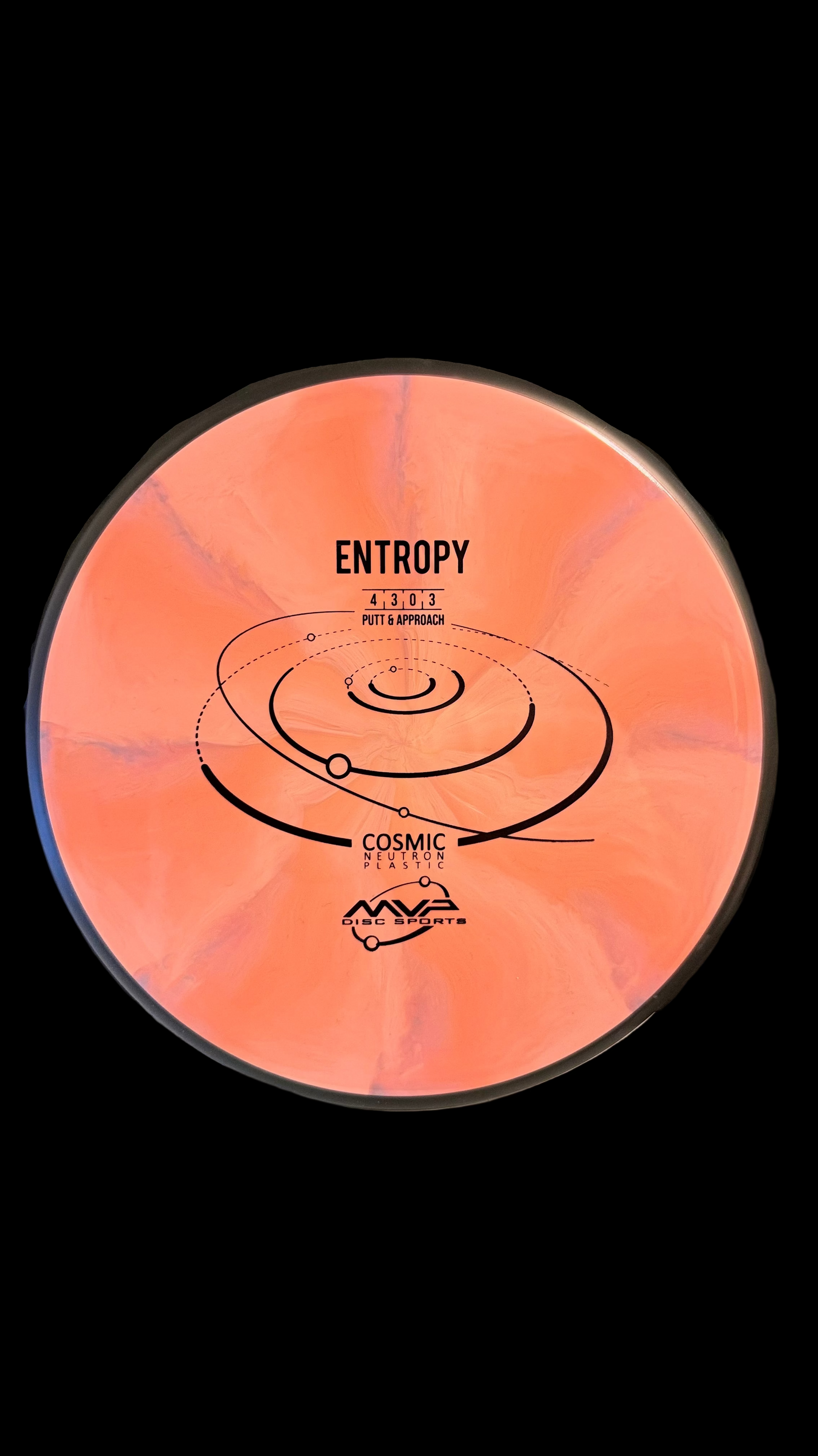 cosmic neutron entropy putt and approach disc in peach-orange swirled cosmic neutron plastic with black orbit flight stamp