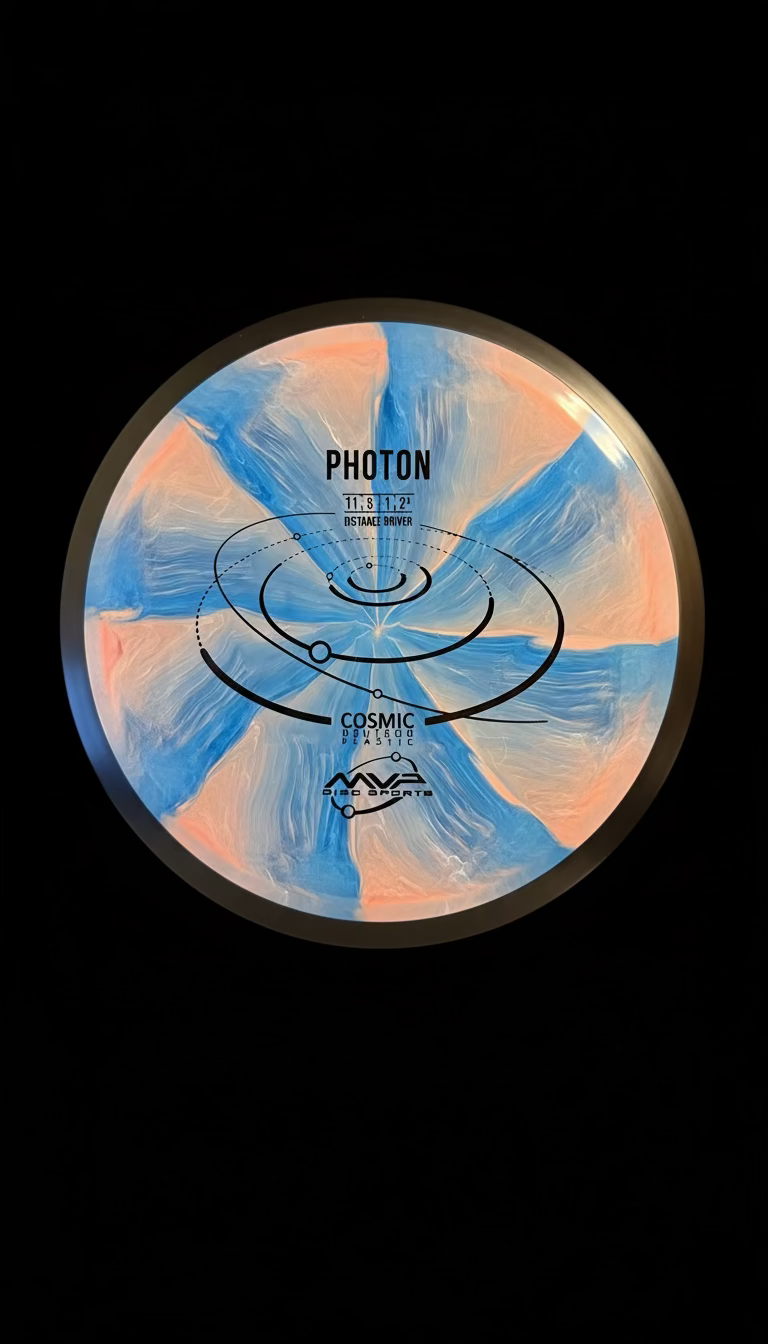 MVP Cosmic Neutron Photon distance driver with blue-peach cosmic swirl pattern and black orbital stamp.