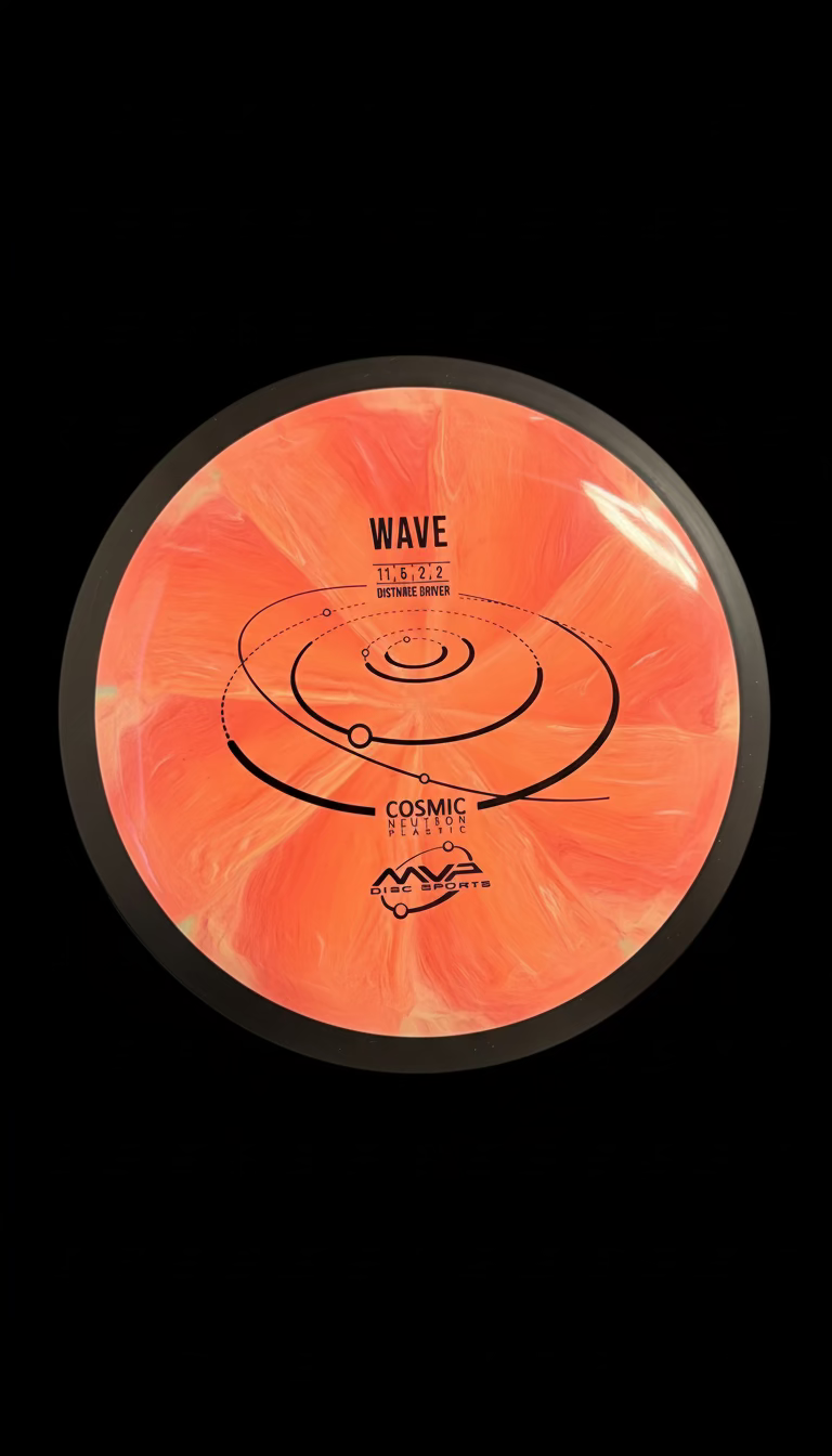 Bright orange swirled MVP Cosmic Neutron Wave distance driver with black orbital stamp and black rim.