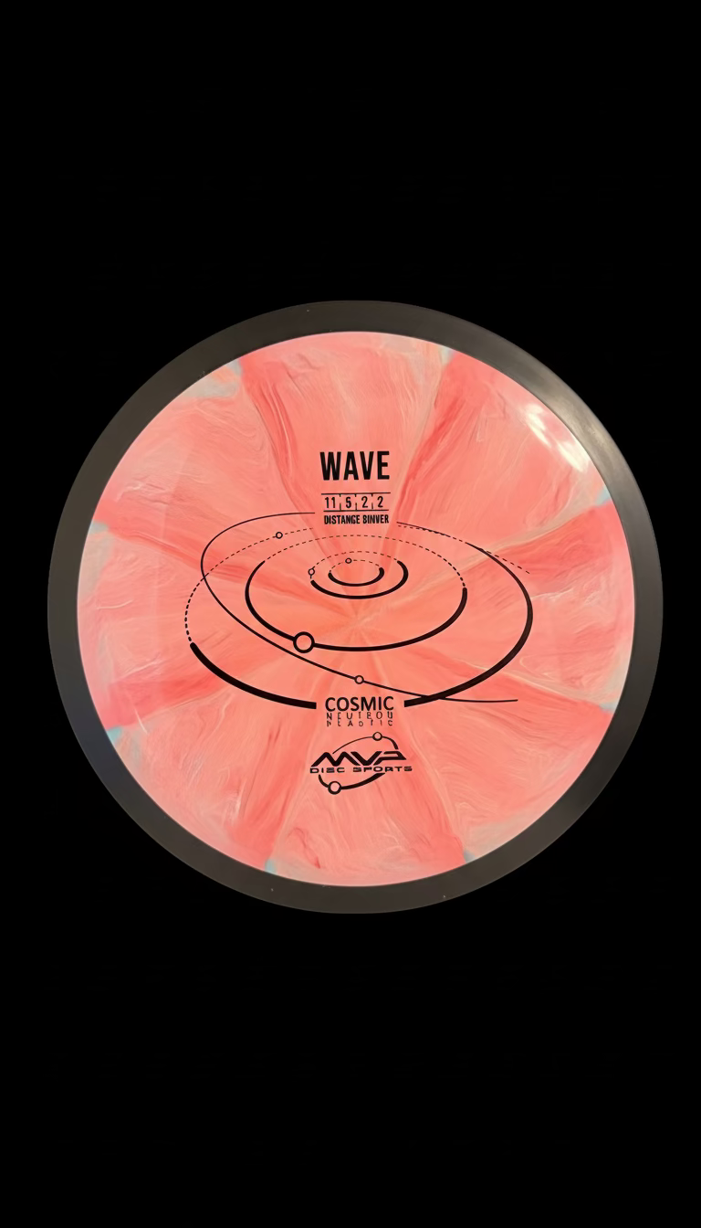 MVP Cosmic Neutron Wave distance driver with peach-and-white swirled flight plate and black rim, featuring the Wave orbit stamp.