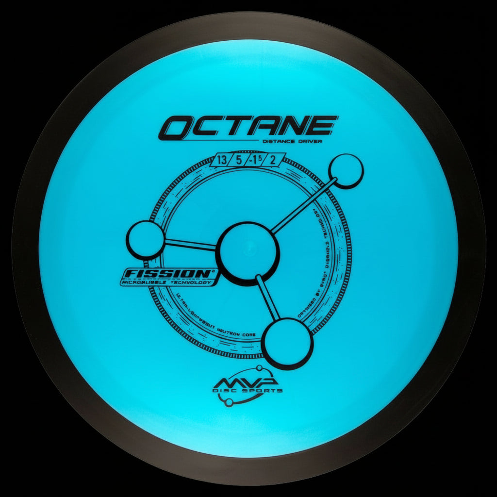 MVP Fission Octane distance driver in bright blue fission plastic with black overmold and molecular-themed stamp