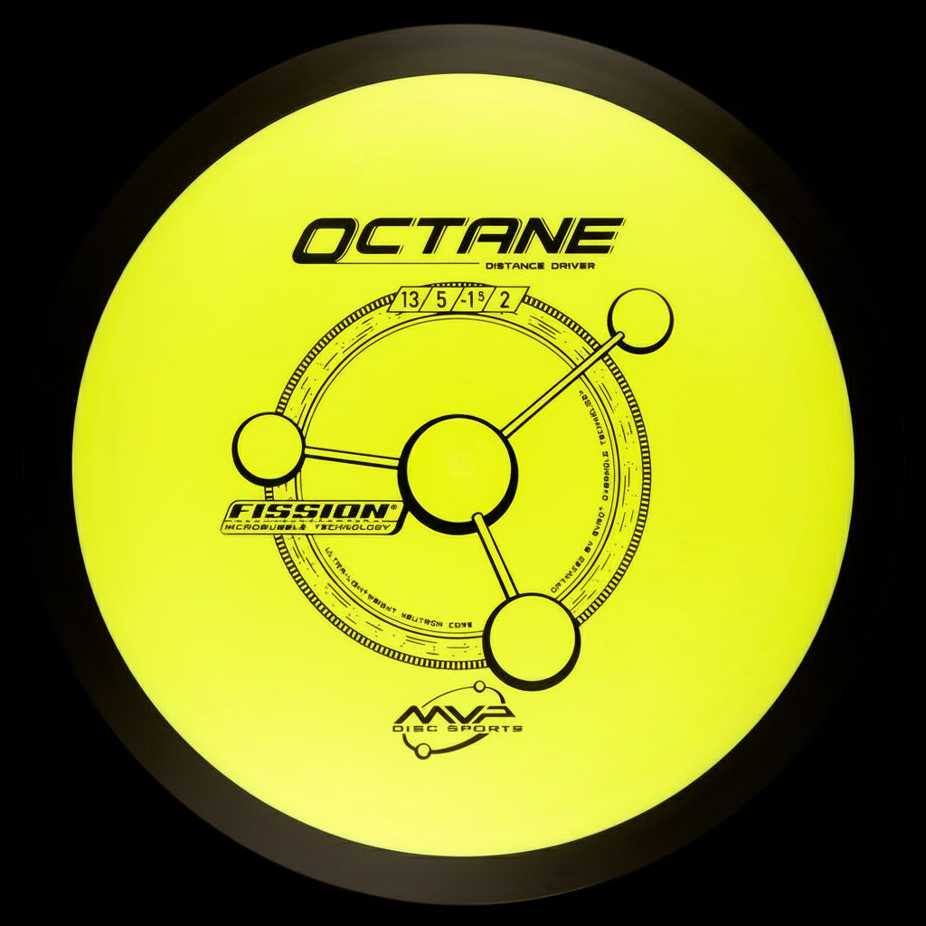 MVP Fission Octane distance driver in lime fission plastic with black overmold and molecular-themed stamp