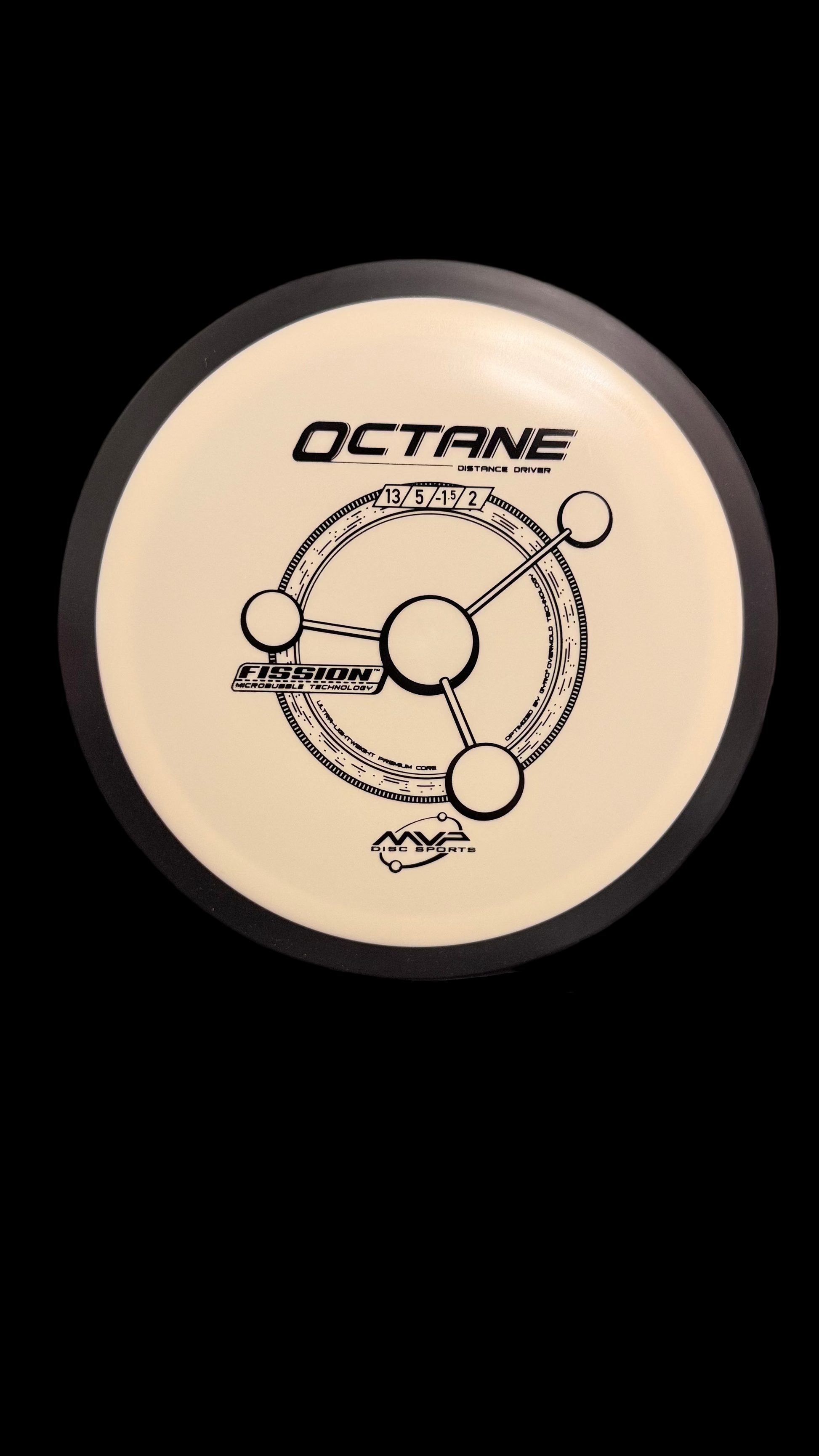 MVP Fission Octane distance driver in white with dark brown rim, featuring the Octane flight chart and Fission technology stamp (13 | 5 | -1.5 | 2), displayed upright on a Zens stand.