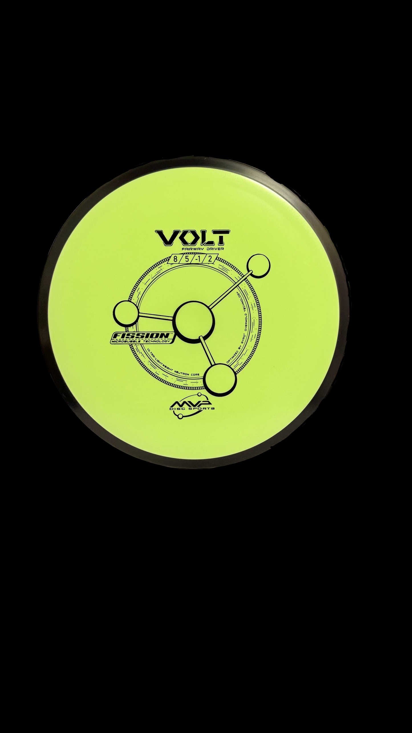 MVP Fission Volt fairway driver in neon-yellow center with black overmold, displayed upright on a white backdrop; flight numbers 8 | 5 | –1 | 2 visible in the center tech-circle stamp
