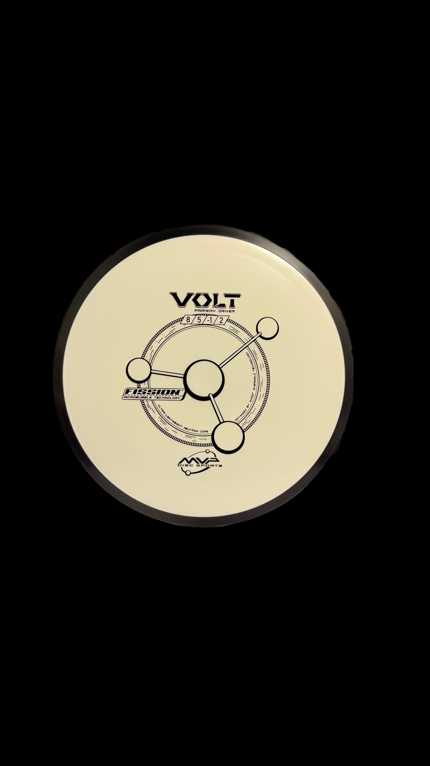 MVP Fission Volt disc golf driver in cream/white color with black rim, displayed upright on a stand against a neutral indoor background. Flight numbers 8 | 5 | -1 | 2 are visible along with the Fission microbubble technology stamp.