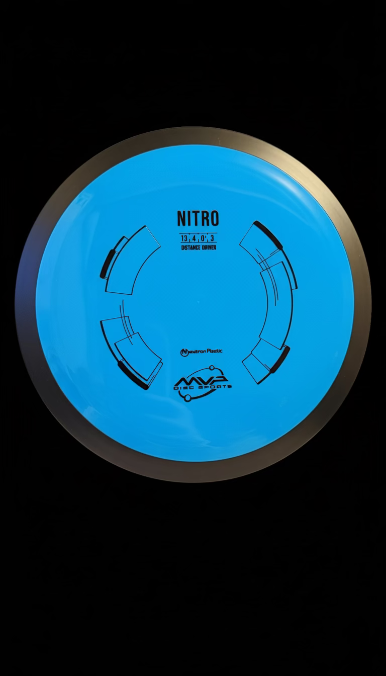 Blue MVP Neutron Nitro distance driver with black overmold and Nitro stamp.