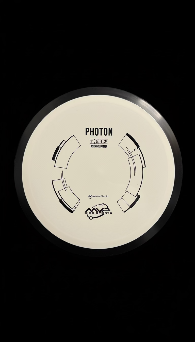 white MVP Neutron Photon distance driver with black rim and technical stamp design