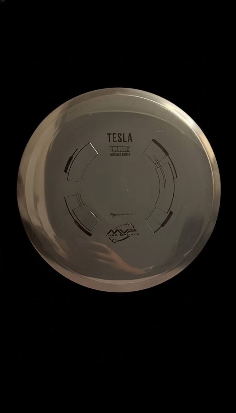 MVP Neutron Tesla distance driver – grey Neutron plastic disc with Tesla stamp and flight numbers 9 | 5 | -1 | 2.”