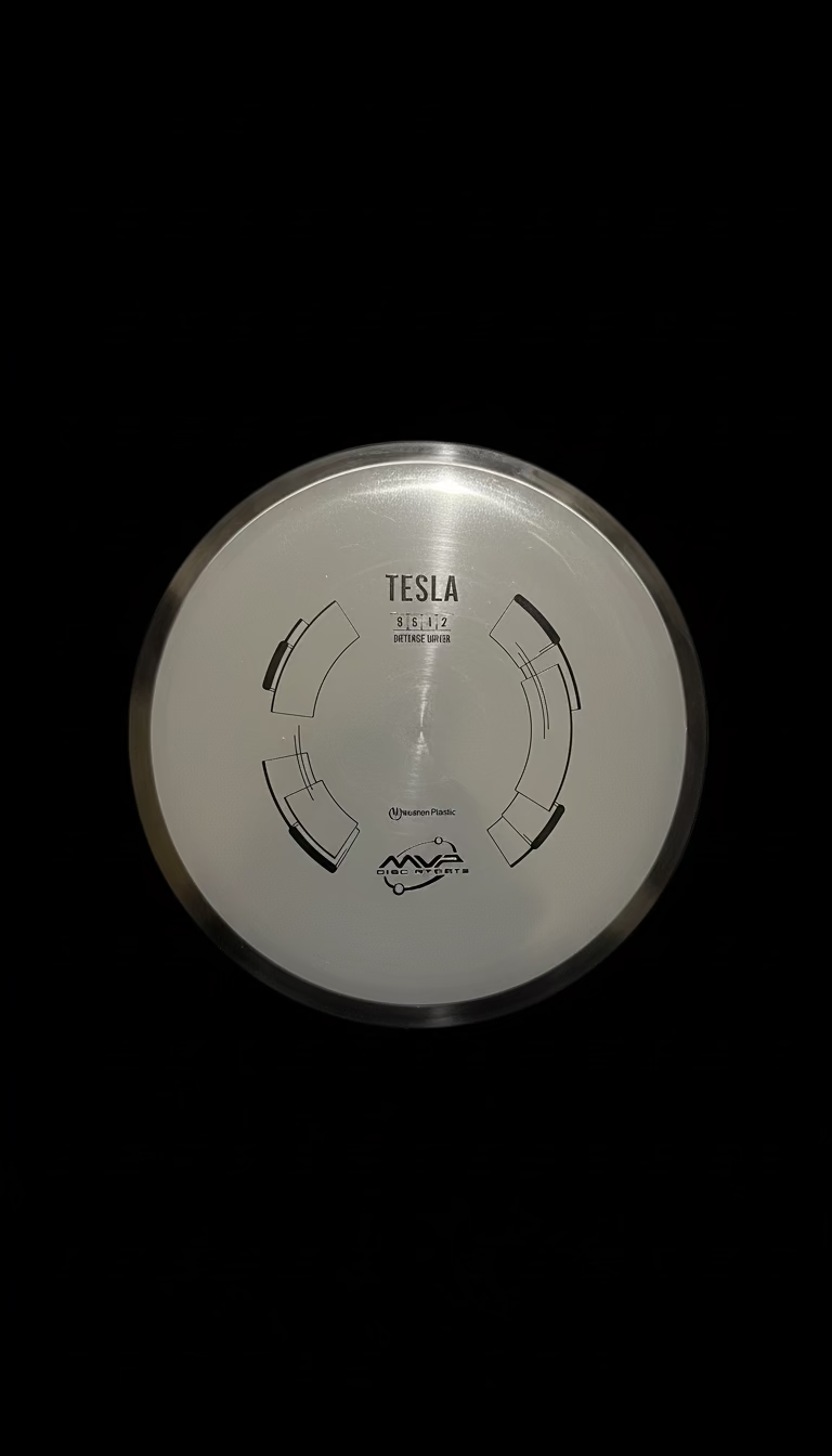 MVP Neutron Tesla distance driver – grey Neutron plastic disc with Tesla stamp and flight numbers 9 | 5 | -1 | 2.”