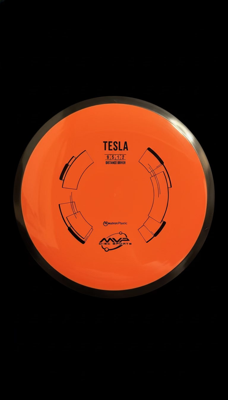 MVP Neutron Tesla distance driver – orange Neutron plastic disc with Tesla stamp and flight numbers 9 | 5 | -1 | 2.”