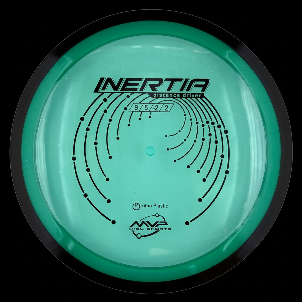 Light green MVP Proton Inertia distance driver with a black rim and black graphic stamp.
