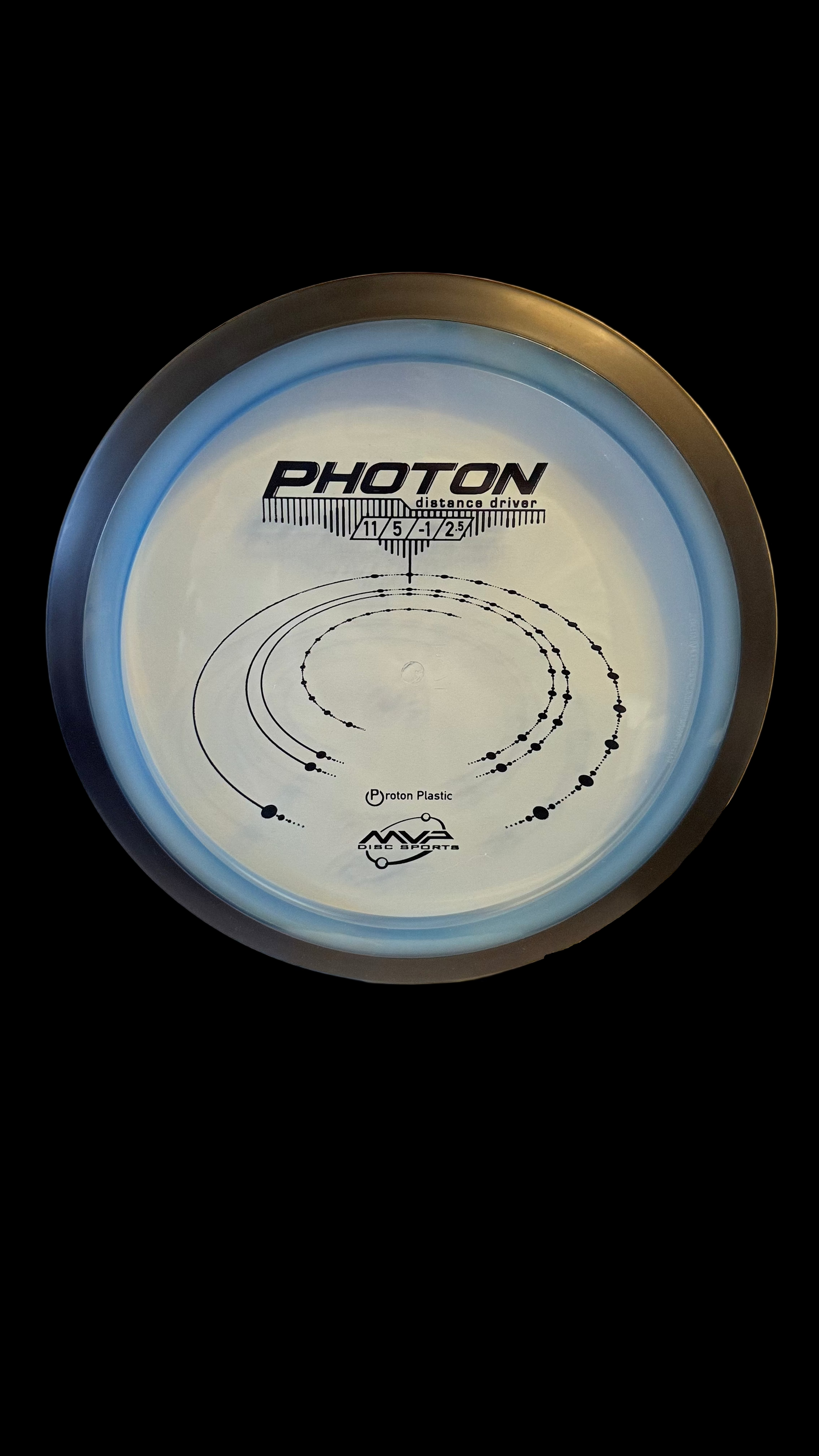 Light blue MVP Proton Photon distance driver with a black rim and black graphic stamp.