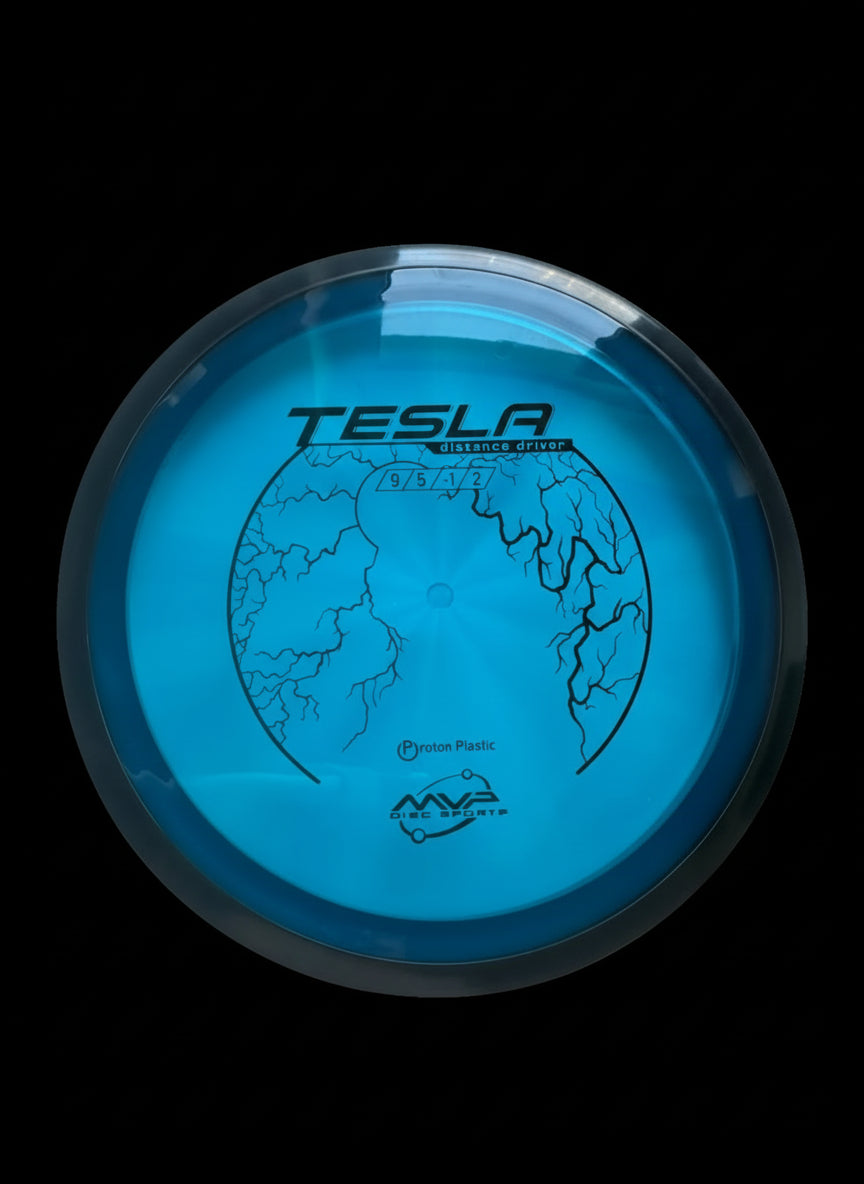 Blue MVP Proton Tesla distance driver with a black rim and black graphic stamp.